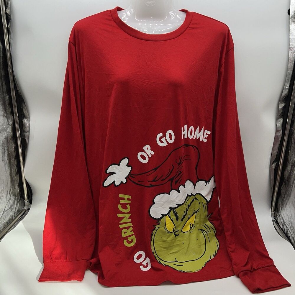 The Grinch Graphic T-Shirt "Go Grinch or Go Home" Long Sleeve Red Size-Size L